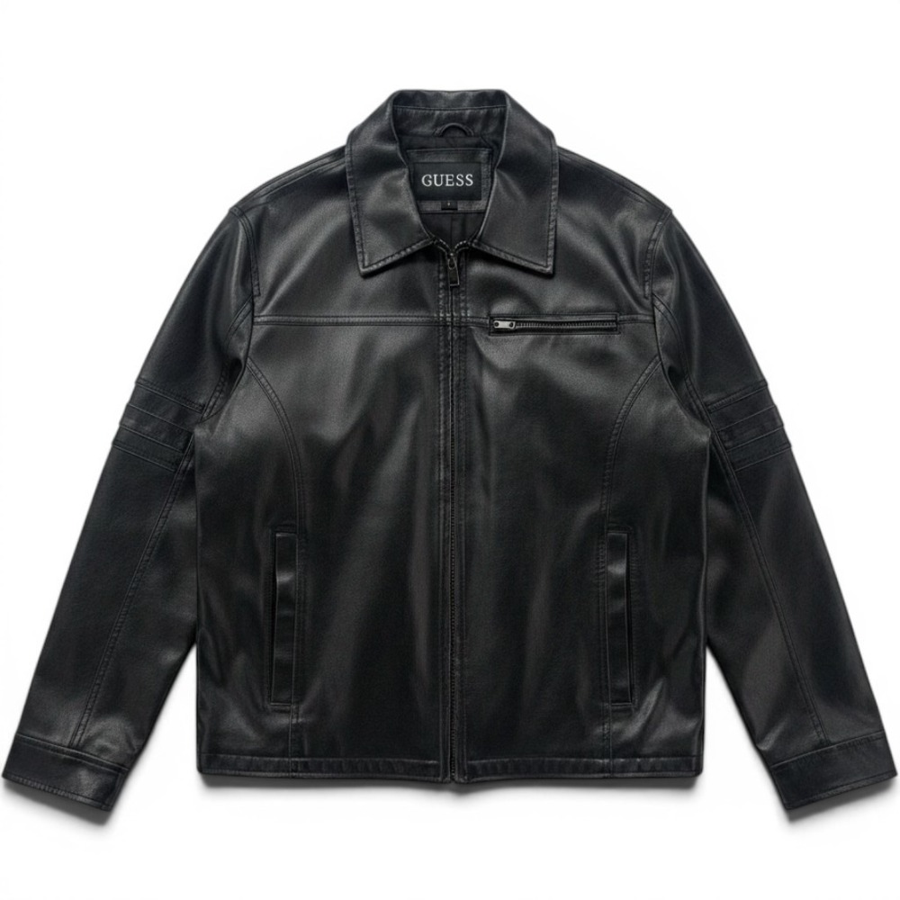 Guess Mens Faux Leather Moto Jacket Black Full Zip Collared L Edgy Sexy Rock